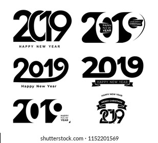 Happy New Year. Set of 2019 black number text design typography pattern. Design for greeting poster and cards, calendars, site, business card, covers. Vector illustration. Isolated on white background