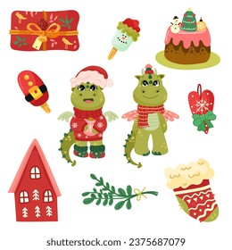 Happy new year set 2024 with cute dragons. Vector set of holiday icons: christmas cake, sweets, сhristmas sock, gift. Kids illustration for Christmas time. Scrapbook collection. Winter greeting card. 