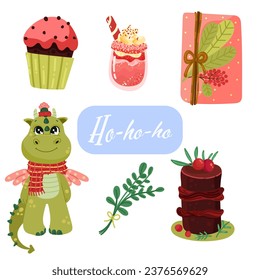 Happy new year set 2024 with cute dragon. Vector set of holiday icons: christmas cake, hot chocolate, sweets, gift. Kids illustration for Christmas time. Scrapbook collection. Winter greeting card. 