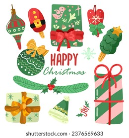 Happy new year set 2024 with cute holiday icons.Vector set of christmas icons cartoon set.