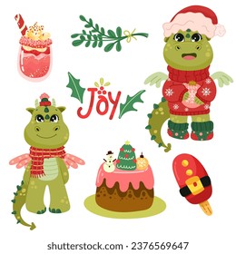 Happy new year set 2024 with cute dragons. Vector set of holiday icons: christmas cake, sweets, сhristmas sock, gift. Kids illustration for Christmas time. Scrapbook collection. Winter greeting card. 