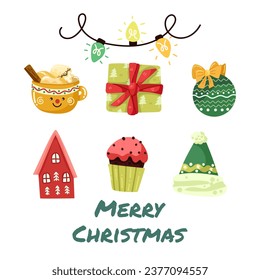 Happy new year set 2024 with cute holiday icons.Vector set of christmas icons cartoon set.