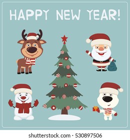 Happy New Year! Set of characters for holiday decoration: Santa Claus, reindeer, snowman, polar bear and tree. 