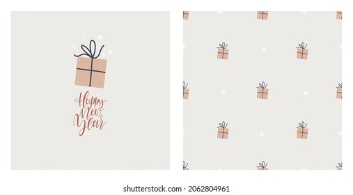 Happy New Year! A set of Christmas greeting cards. Gift box, handwritten lettering and a simple seamless pattern with snowflakes.
