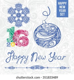 happy new year set  with christmas decorations, design element, decorative figures 2016 on seamless background