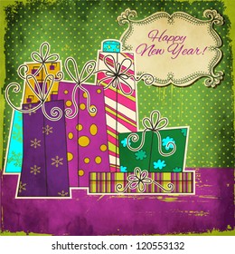 Happy New Year - Set of Colorful Hand Drawn Patterned Gift Boxes, with bows, grungy background and whimsical copy space label