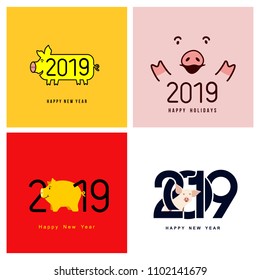 Happy New Year. Set of cute funny pig. Chinese symbol of the 2019 year. Excellent festive gift card for your design. Vector illustration. Isolated on white background