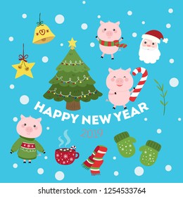 Happy New Year set. Cute pigs. Cute cartoon funny kids characters. Christmas Tree, Santa Claus, cap with cocoa, scarf, Christmas toy, winter sweater, mittens. Flat design. Greeting card.
