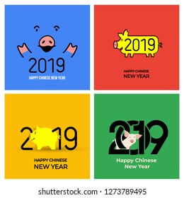 Happy New Year. Set of cute funny pig. Chinese symbol of the 2019 year. Excellent festive gift card for your design. Vector illustration. Isolated on white background.