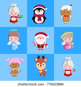 Happy New Year set.Set of cute Christmas characters like Mrs. Claus,Santa Claus, panda, deer,Angel.Vector illustration.