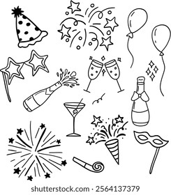 Happy new year set element ornament party celebration eve wine champagne fireworks balloons sparkle vector clipart doodle