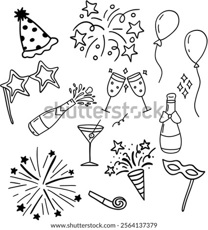 Happy new year set element ornament party celebration eve wine champagne fireworks balloons sparkle vector clipart doodle
