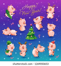 Happy new year set of funny and cute piglets. Chinese calendar symbol of 2019 year. Vector illustration collection.