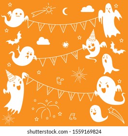 Happy new year .Set of hand drawn Happy New Year with ghost. Vector illustration