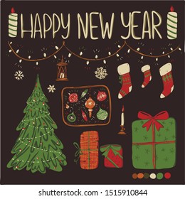 happy new year set icon design element collection gifts 