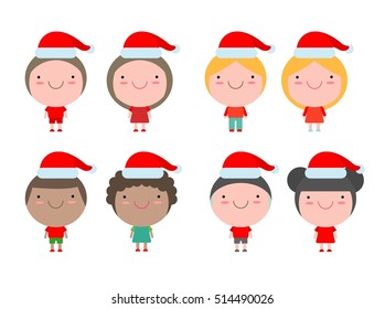 happy new year set of kids and Christmas season, children with Christmas cartoon funny character isolated on white background Vector Illustration