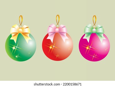 Happy New Year. Set of multicolored Christmas balls with bows isolated on a light background, 3d vector illustration