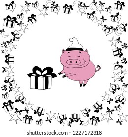 Happy new year set with pig.New year pig with pserent.Cute pink animal on white backgriund.Christmas pig.New year vector illustration,black and white.Pink.Hand drawn funny  isolated pig