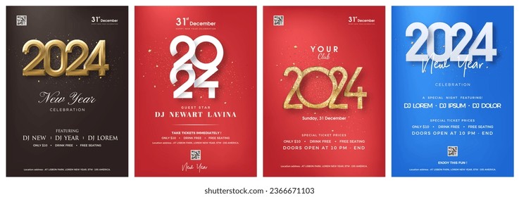 Happy new year set poster design. With the numbers for the year 2024. Premium vector design for 2024 New Year celebration invitations.