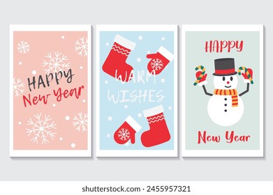 Happy new year set of posters in flat cartoon design. The gorgeous artwork showcases three posters filled with cute winter elements, creating a festive atmosphere. Vector illustration.