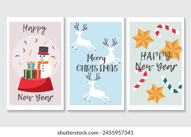 Feliz año nuevo conjunto de carteles en diseño plano de dibujos animados. Una ilustración con tres pósters muestra la magia de las vacaciones de invierno y Año Nuevo. Ilustración vectorial.