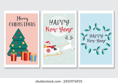 Happy new year set of posters in flat cartoon design. Three posters with images of magical New Year's elements that are perfectly combined with each other. Vector illustration.