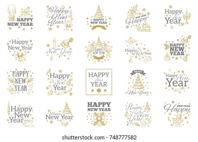 Happy New Year. Set of typographic elements for greeting cards, invitations and other items.
