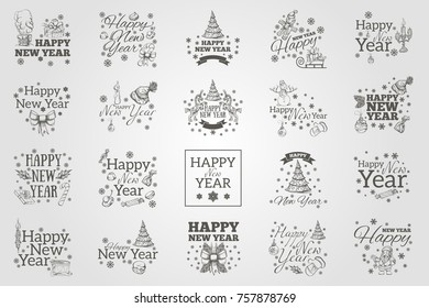 Happy New Year. Set of typographic elements for greeting cards, invitations and other items.