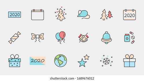Feliz Año Nuevo   Establecer icono de línea vectorial. Contiene iconos como el árbol de Navidad, Calendario 2019, Bow, globos, Campana, Vela, Caja de Regalos, Estrellas, Copo de Nieve. Trazo editable. Perfecto para 32 x 32 píxeles