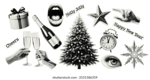 Happy New Year. Set of vectors cut out holiday elements. Trendy decor with halfton effect for a greeting card, collage, cover design.