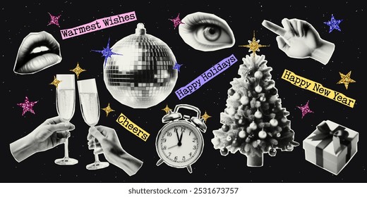 Happy New Year. Set of vectors cut out and glitter holiday elements. Trendy decor with halfton effect for a greeting card, collage, cover design.