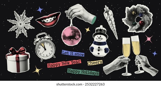 Happy New Year. Set of vectors cut out holiday elements. Trendy decor with halfton effect for a greeting card, collage, cover design.