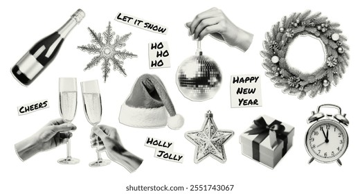 Happy New Year. Set of vectors cut out holiday elements. Trendy decor with halfton effect for a greeting card, collage, cover design.