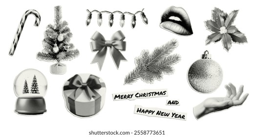 Happy New Year. Set of vectors cut out holiday elements. Trendy decor with halfton effect for a greeting card, collage, cover design.