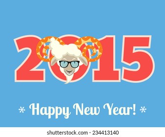 Happy new year with sheep head wearing glasses. Text outlined.