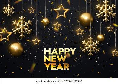 Happy New Year. Shimmering golden snowflakes, christmas balls and stars on black background. Vector 3d illustration of hanging festive ornament and confetti tinsel. Winter holiday decoration.