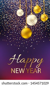 Happy New Year shining background with pearl and golden lettering, baubles and glitters.