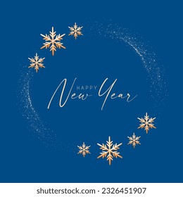 Happy New Year shining banner design with glitter and gold snowflakes