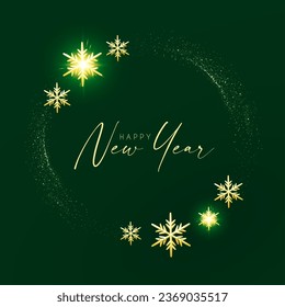 Happy New Year shining banner design with glitter and gold snowflakes