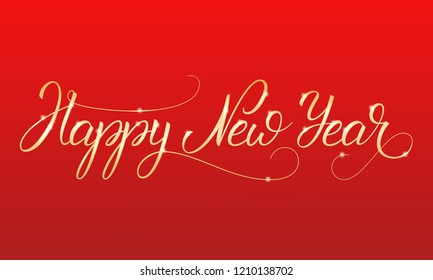 Happy New Year. Shiny gold lettering calligraphy for Winter holidays.