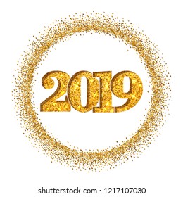 Happy New Year shiny gold number in circle frame. Golden glitter border isolated on white background. Shiny glowing design, light sparkle for Christmas celebration, greeting card Vector illustration