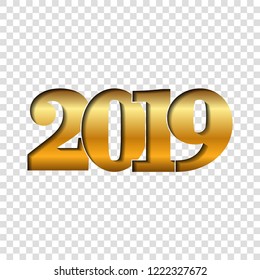 Happy New Year shiny gold number 2019. Golden gradient digits, isolated white transparent background. Glowing design, light texture Christmas celebration, greeting card, poster Vector illustration