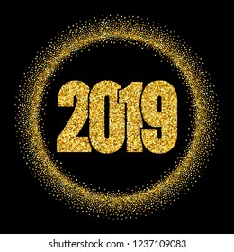 Happy New Year shiny gold number in circle frame. Golden glitter border isolated on black background. Shiny glowing design, light sparkle for Christmas celebration, greeting card Vector illustration