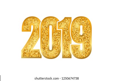 Happy New Year shiny gold number 2019. Golden glitter digits, isolated white background. Shiny glowing design, light sparkle Christmas celebration, greeting card, poster Vector illustration