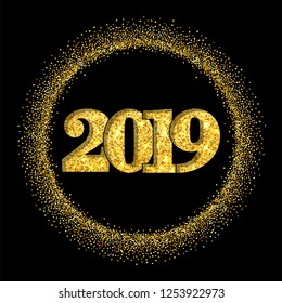Happy New Year shiny gold number in circle frame. Golden glitter border isolated on black background. Shiny glowing design, light sparkle for Christmas celebration, greeting card Vector illustration