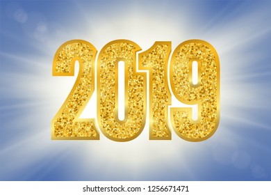 Happy New Year shiny gold number 2019. Golden glitter digits on sun rays bokeh background. Shiny glowing design, light sparkle for Christmas celebration, greeting card, poster Vector illustration