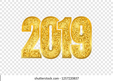 Happy New Year shiny gold number 2019. Golden glitter digits, isolated white transparent background. Shiny glowing design, light sparkle Christmas celebration, greeting card Vector illustration