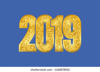 Happy New Year shiny gold number 2019. Golden glitter digits isolated on blue background. Shiny glowing design, light sparkle for Christmas celebration, greeting card, poster Vector illustration