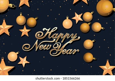 happy new year in shiny gold lettering on black background vector illustration design