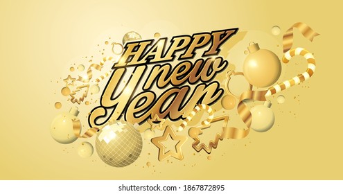 Happy New Year Shiny Vector Greeting Background with Golden letters, Candy Stick, Ornaments, Tree, Disco Ball and Stars for banner, Flyer, social media, print, poster, web.